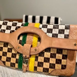 NEW L.A.M.B. Gwen Stefani CARLISLE CHECKERBOARD OMBRÉ LEATHER FOLDOVER CLUTCH